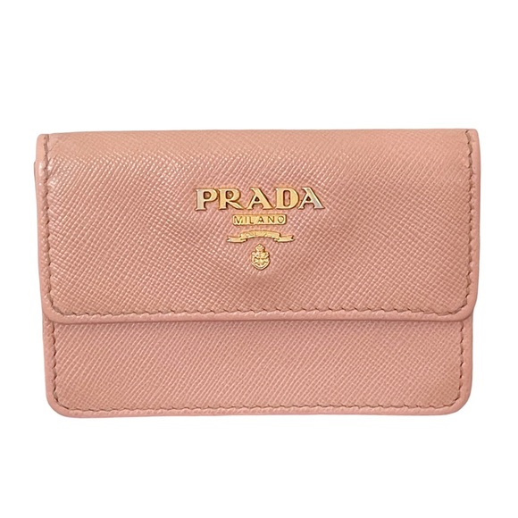 Prada pink saffiano leather gold logo card snap case wallet - Picture 1 of 11